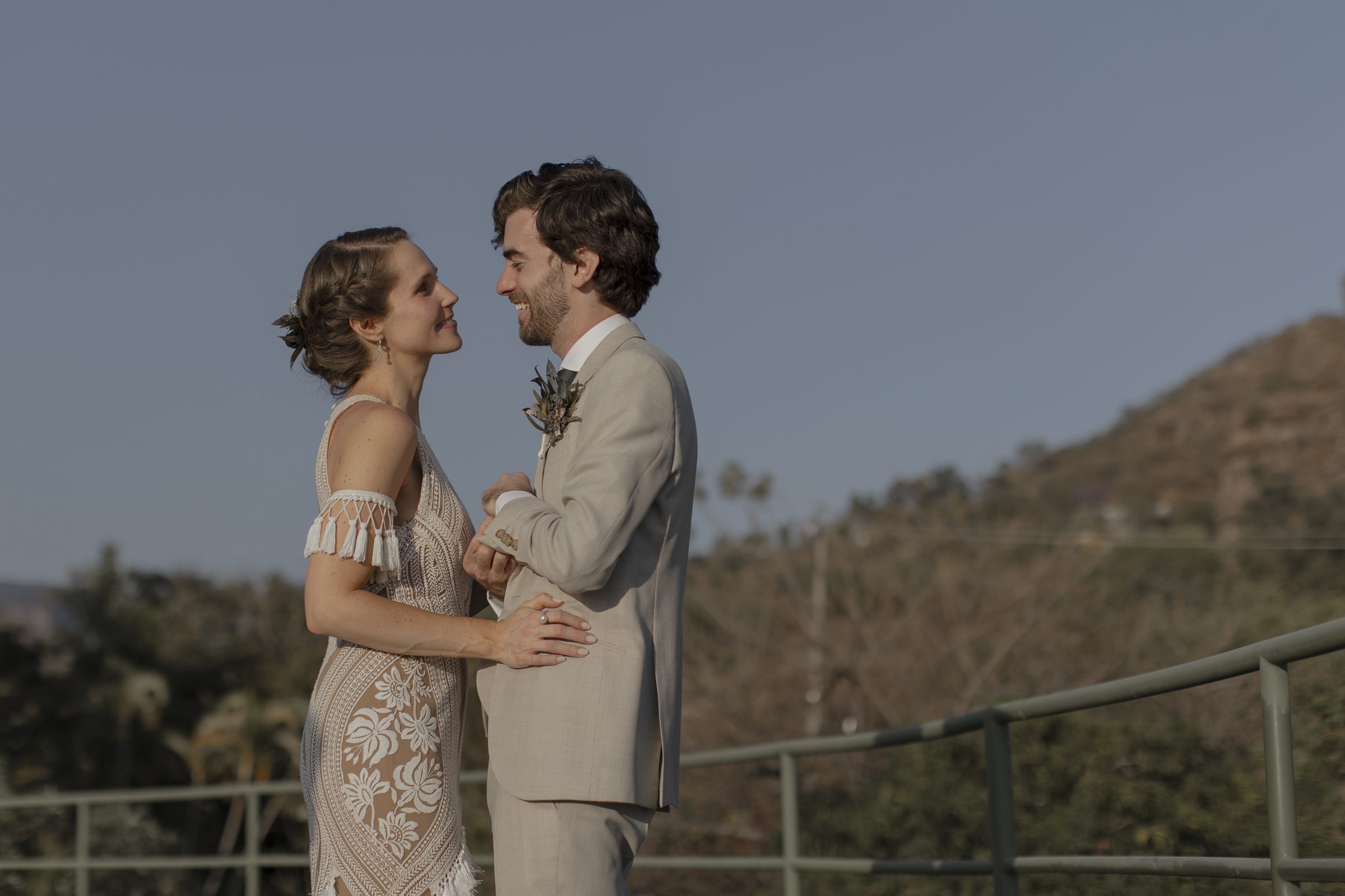 A couple embracing at golden hour
